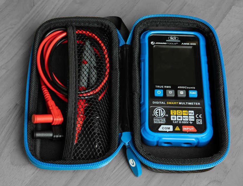 The multimeter packed with its test leads